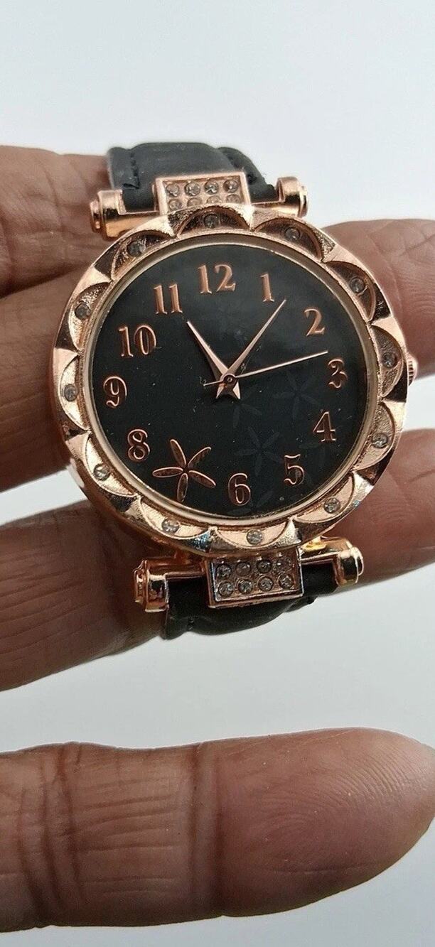 Womens Rose Gold Tone Scalloped Bezel Black Floral Dial Leather Strap Quartz